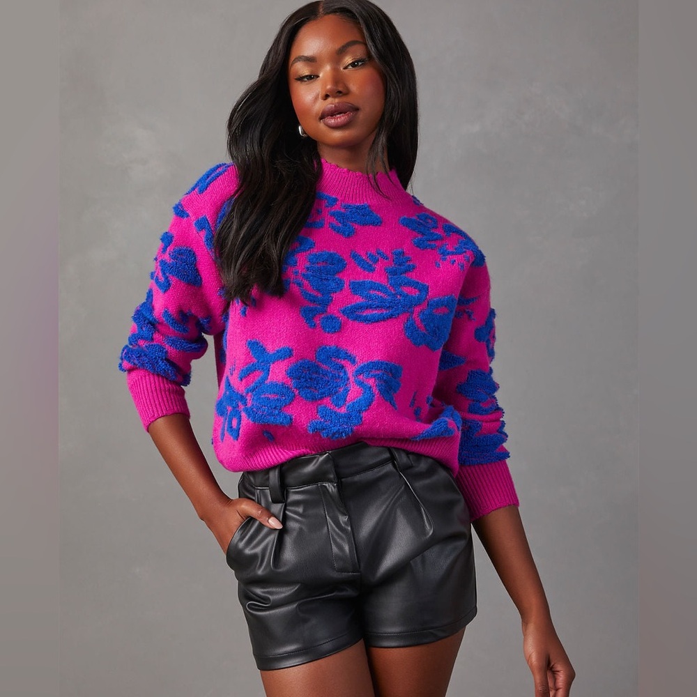 VICI Chilly Days Textured Pink and Blue Floral Sweater - Medium